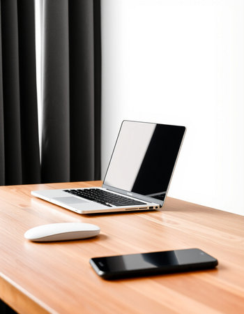 Laptop and smartphone on a wooden table in a room with curtainsの写真素材
