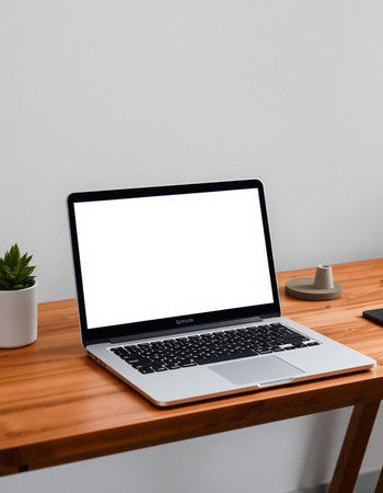 Mockup image of laptop with blank white screen on wooden table