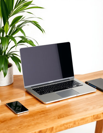Laptop with blank screen and mobile phone on wooden table in office