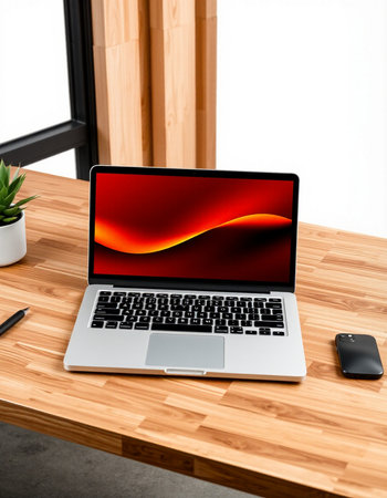Laptop on a wooden table with a red screen. 3d rendering.