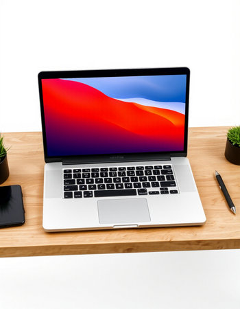 Modern workspace with laptop on wooden desk. 3d render illustration.