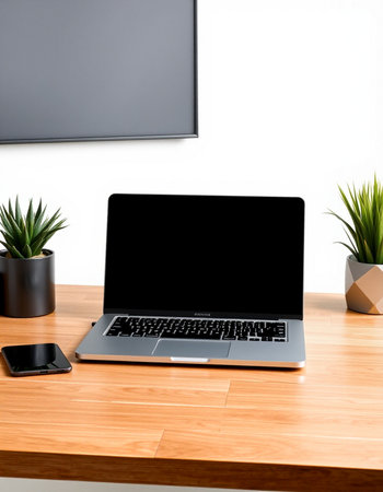 Laptop with blank screen on wooden table in office. Workplace concept