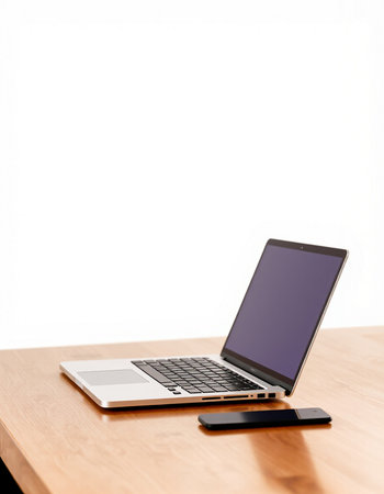 Laptop on wooden table isolated on white background with clipping path.の写真素材