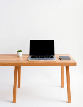 Laptop with blank screen on wooden table and white wall background.の写真素材