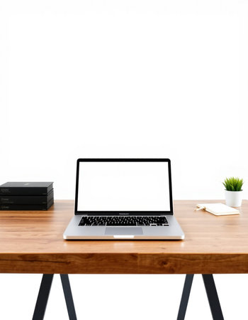 Laptop on wooden desk with blank screen on white wall background.
