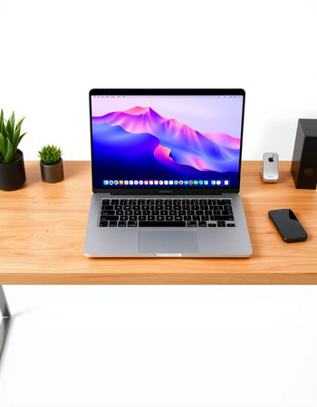 Laptop on wooden desk. 3d rendering. Computer generated image.