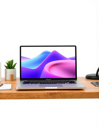 Laptop with colorful screen on wooden table. 3D rendering.