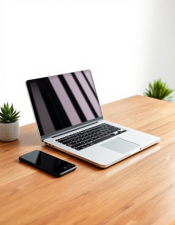 Laptop and smartphone on wooden table with copy space, stock photoの写真素材