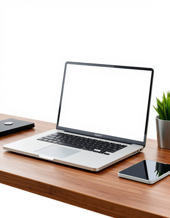 Laptop with blank screen on wooden table isolated on white background