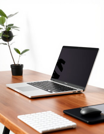 Laptop on the table with keyboard, mouse and plant on white background