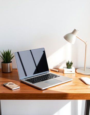 Laptop on a wooden table in a modern office. 3d renderingの写真素材