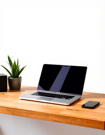 Laptop with blank screen on wooden table and white wall background.