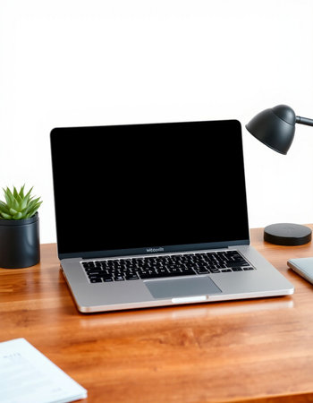 Laptop with blank screen on wooden desk with lamp and cactus