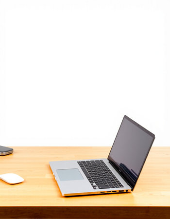 Laptop computer on wooden desk with white wall background, stock photo