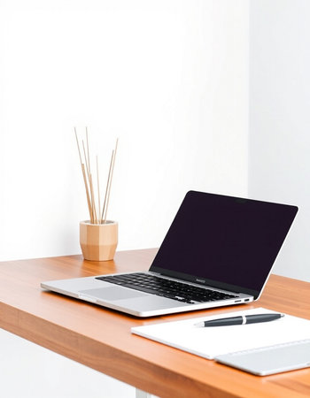 Laptop with blank screen on wooden table and white wall background.
