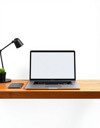 Modern workspace with blank screen laptop computer and potted plant on wooden shelf isolated on...