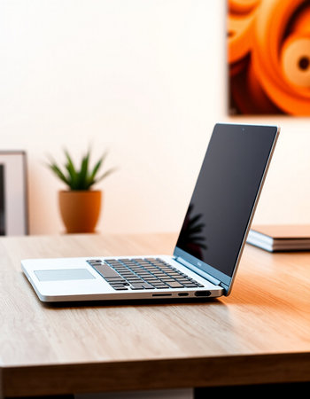 Laptop on a wooden table in a modern office. Close-up