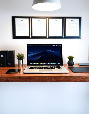 Modern workspace with laptop on wooden table. 3d render.