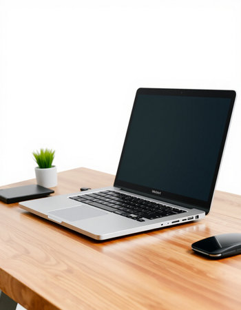 Modern workplace with blank screen laptop computer on wooden table isolated on white background