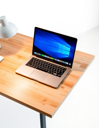 Laptop on wooden desk with white wall background. 3d rendering.