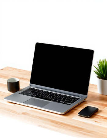 Laptop with blank screen on wood desk isolated on white background.