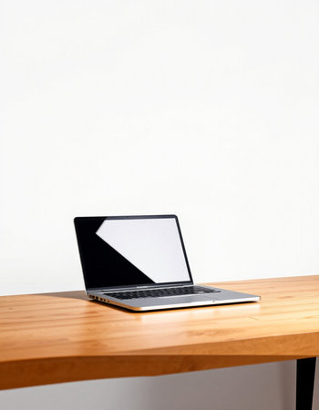 Laptop on wooden desk with white wall in background, stock photoの写真素材