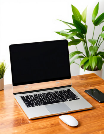 Laptop computer with blank screen on wooden table and green plant background