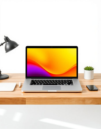 Modern workspace with blank screen laptop computer on wooden desk. 3d render