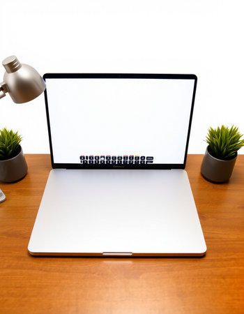 Laptop with blank screen on wood table and lamp on white backgroundの写真素材