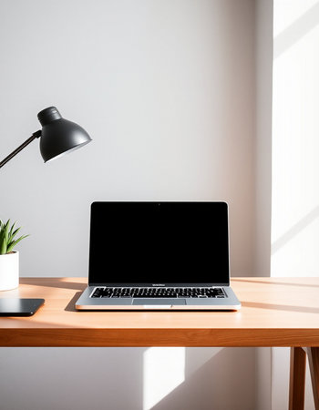 Laptop with blank screen on wooden table and lamp on white wall background
