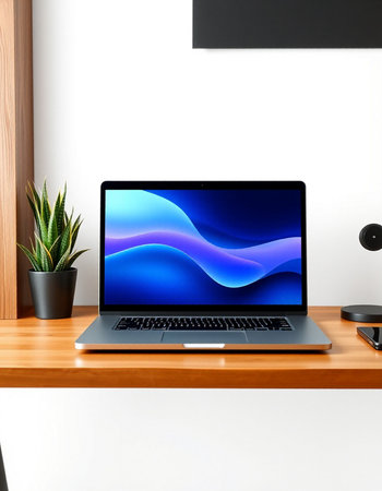 Laptop on a wooden shelf in the office. 3d rendering