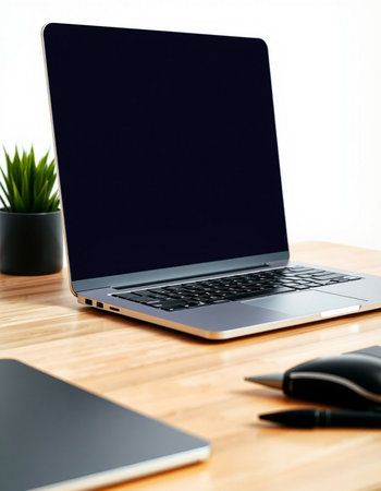 Laptop with blank screen on wooden desk, mockup for design