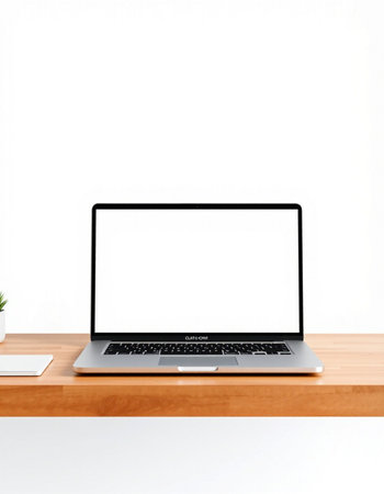 Laptop with blank screen on wooden table and white wall background.