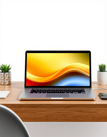 Close up of modern workspace with laptop on wooden table, clipping path included