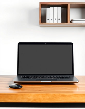 Laptop with blank screen on wooden desk in office, mockupの写真素材