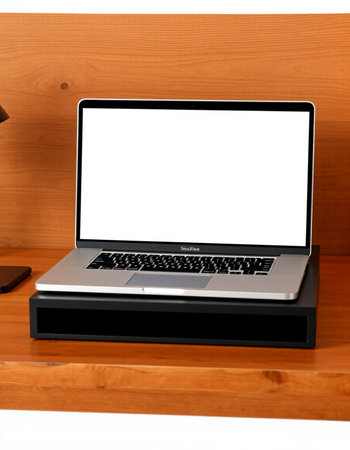 Laptop with white screen on wooden shelf in the room