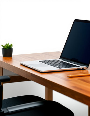 Laptop on a wooden desk isolated on white background with clipping path