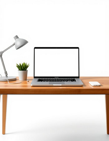 Modern workspace with blank screen laptop computer on wooden table. 3d renderの写真素材
