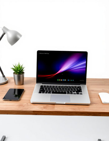 Modern workspace with laptop and smartphone on white background. 3D rendering.