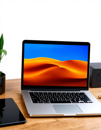 Laptop on wooden desk with white background. 3d rendering.