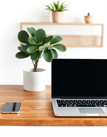 Laptop with blank screen and mobile phone on wooden table in office
