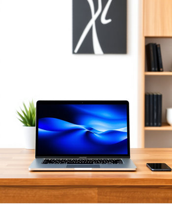 Laptop on a wooden table in a modern office with bookshelf