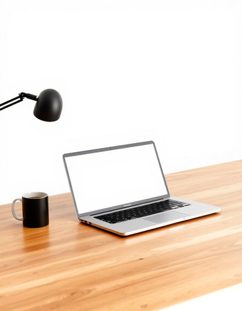 Laptop with blank screen on wooden table with lamp and coffee cup