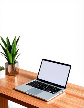 Laptop with blank screen on wooden table and white wall background.