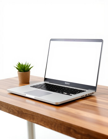 Laptop with blank screen on wooden desk with white background