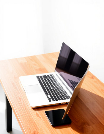 Laptop and smartphone on a wooden desk with white wall in the backgroundの写真素材