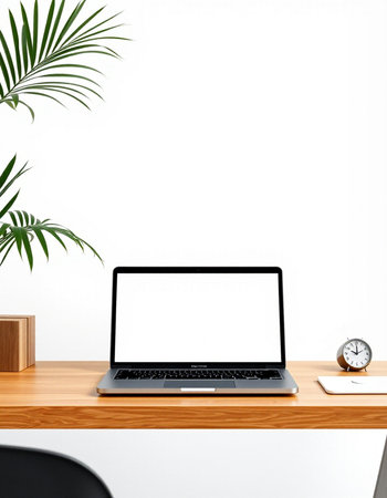 Laptop with blank screen on wooden desk in office. Mock up, 3D Rendering