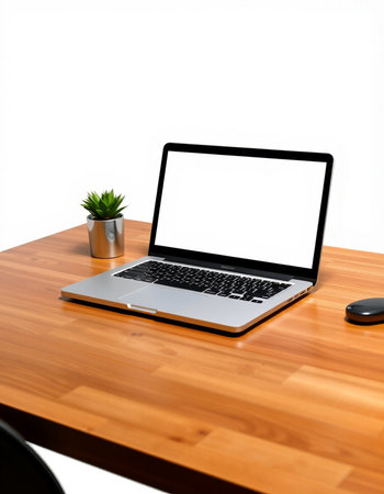 Laptop computer with blank screen on wood table isolated on white background