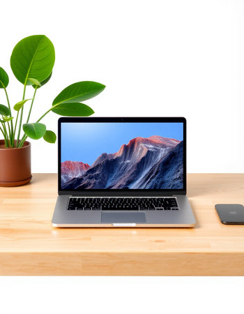 laptop on wood table with white wall background. 3d rendering.