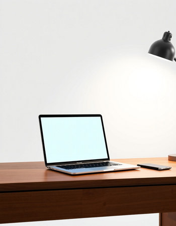 Laptop with blank screen on table in office. 3d render